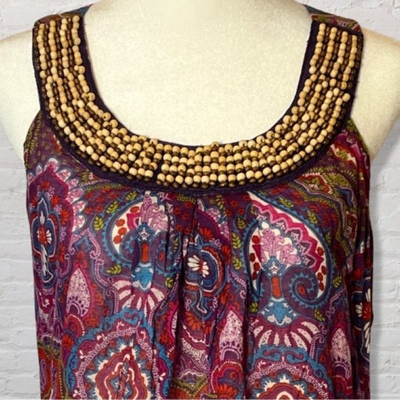 TRIXXI Purple Boho Paisley Floral Sleeveless Top with Wood beading Size Medium - Picture 3 of 5